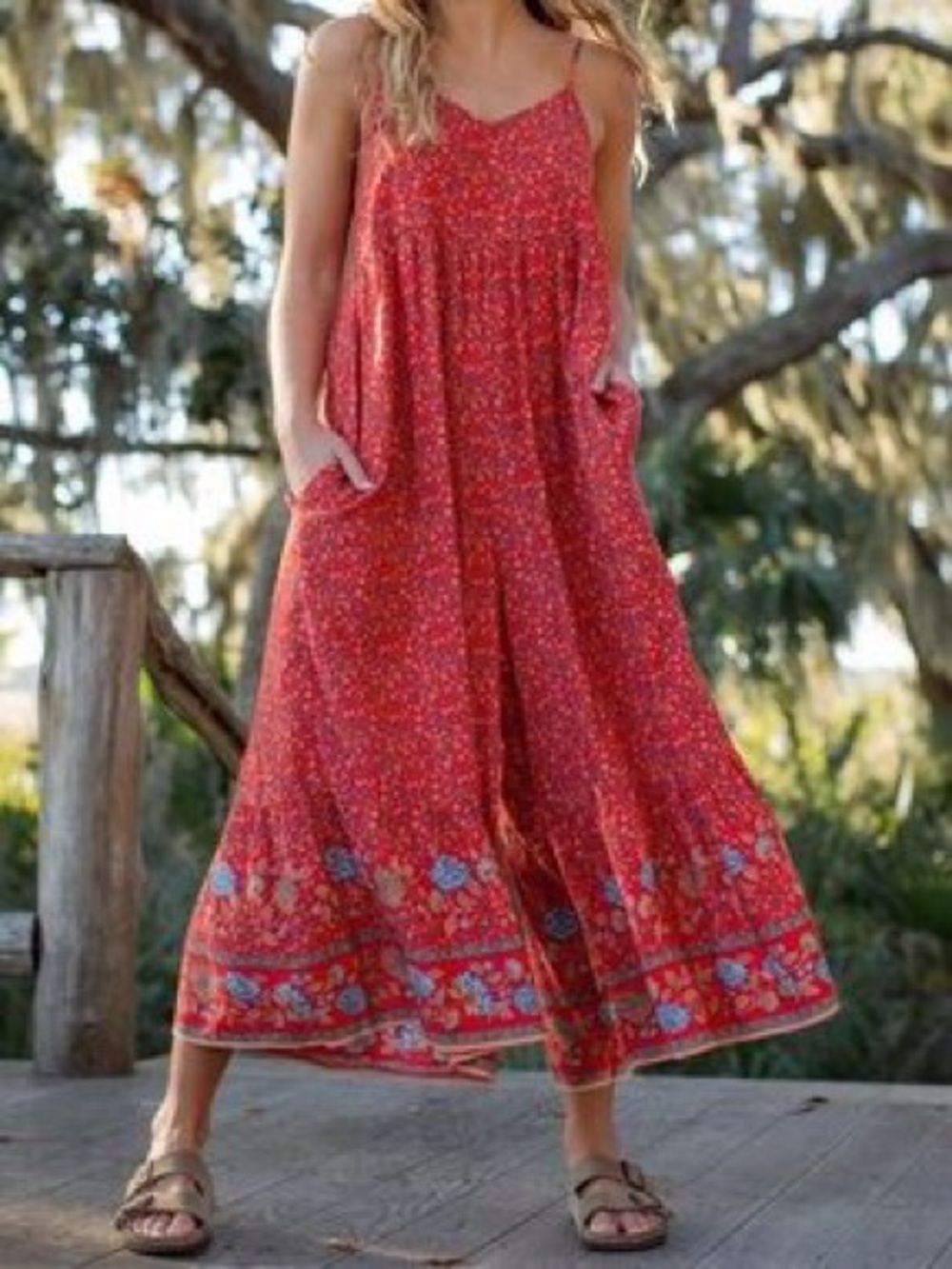 🌿 Natural Life Red Floral Wide Leg Jumpsuit Romper Boho Summer Size Large